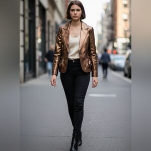 Vintage 80's Wendy Hil Leather Blazer Jacket Top Crop Bronze Gold